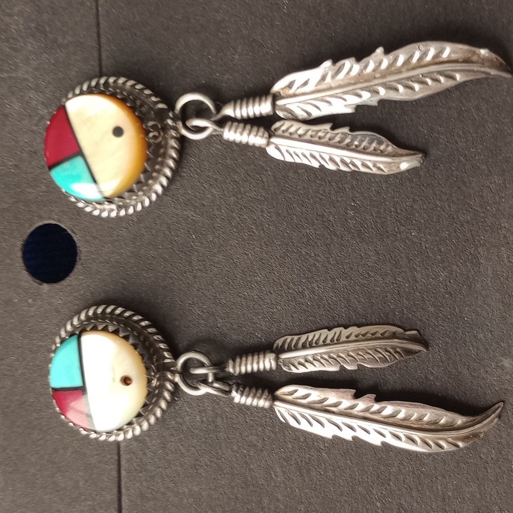 Sterling Silver Feather Earrings with SunFace Multicolor Inlay Studs Signed PH - Picture 13 of 15